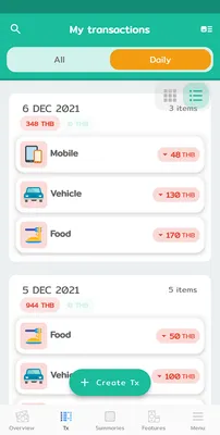 หน้ารายการรายรับรายจ่ายในแอป Wallet Story